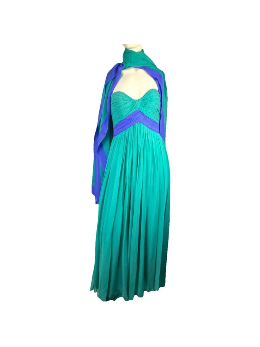 Vintage 90s Nolan Miller Collection Green Draped Silk Strapless Dress & Shawl